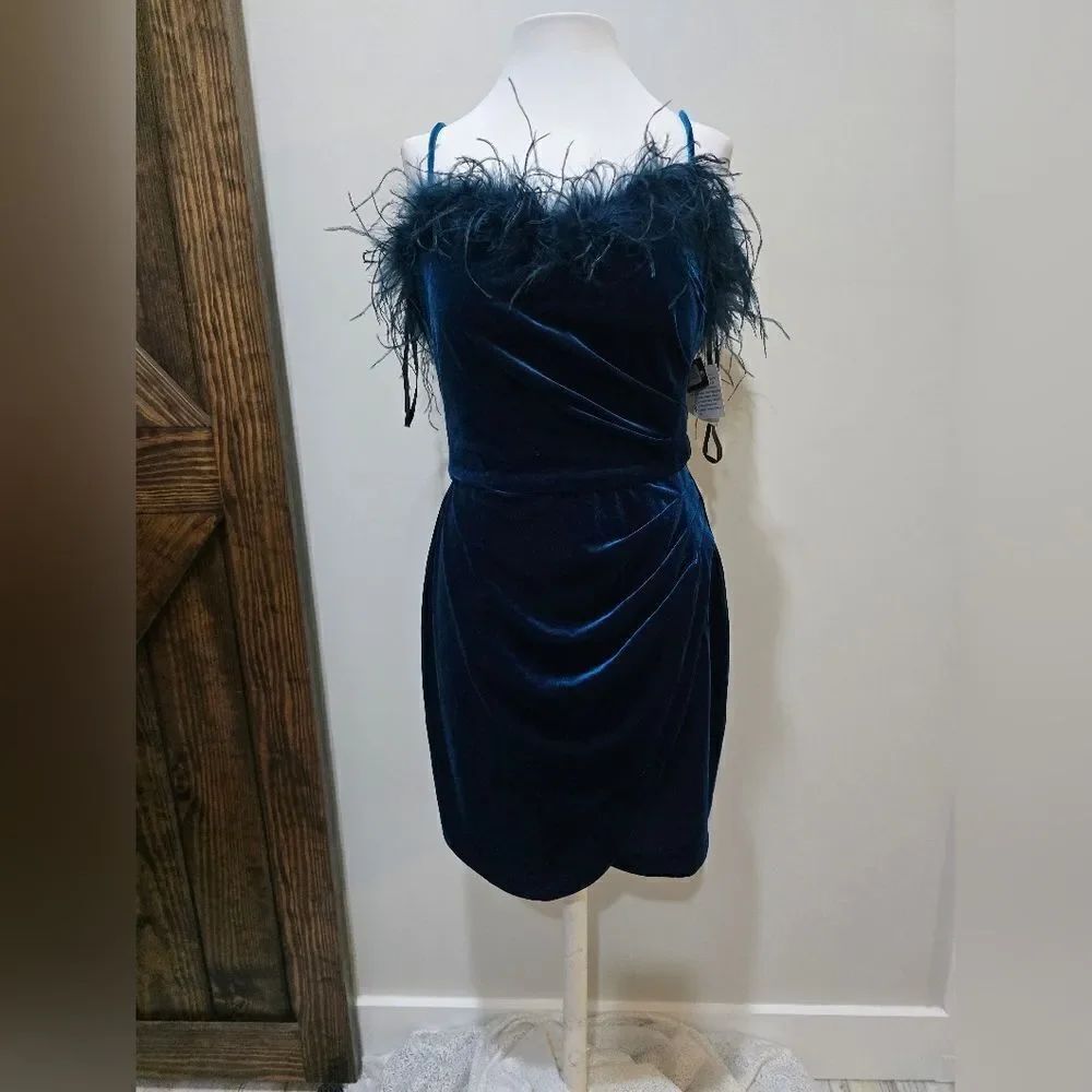 Betsy & Adam A5909 Velvet Feather Trim Ruched Dress NWT SZ 12 Blue